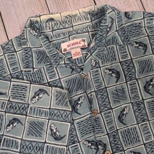 Vintage Summa Fish Print Button Up Short Sleeve Hawaiian‎ Shirt XL